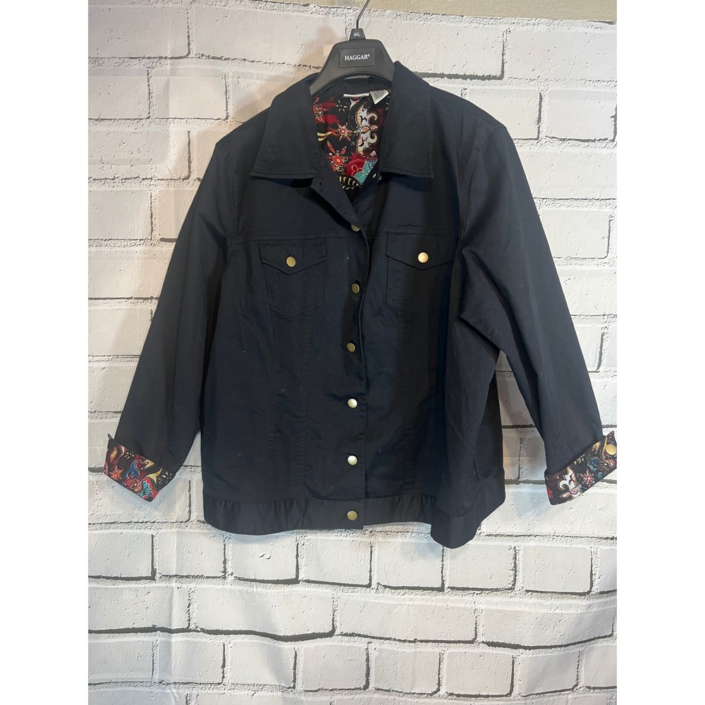 Vintage Y2K Units Woman Black Jacket 3X Plus Gold Snaps Butterfly Print Cuffs